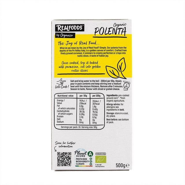 Realfoods organic polenta gluten-free maize meal 500g, imported from the UK