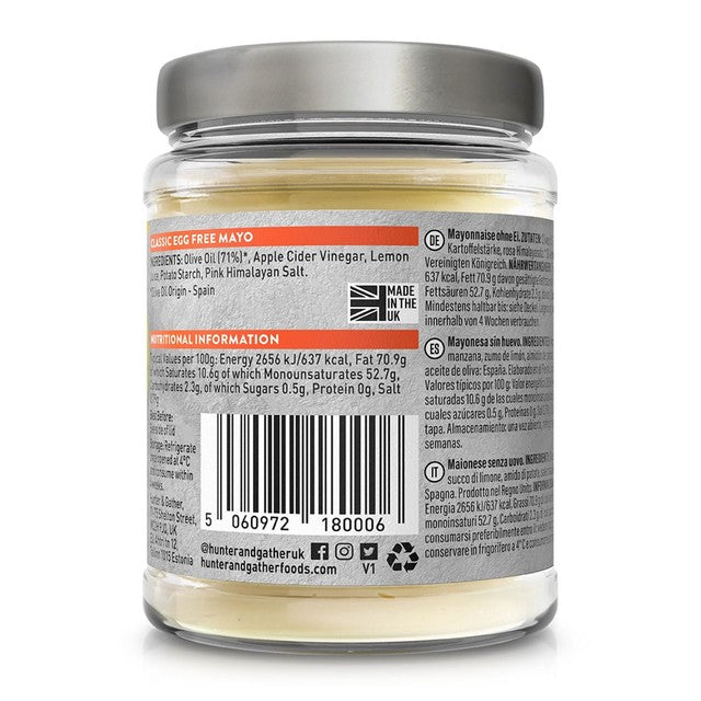 Hunter & Gather egg free olive oil mayonnaise 250g, UK version