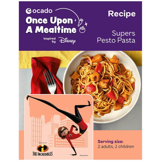 Ocado Disney Incredibles-themed stretchy red spaghetti recipe card - British product
