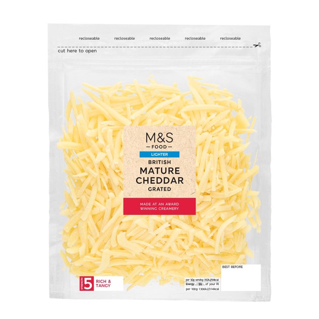 M&S lighter mature grated cheddar 250g, imported from the UK