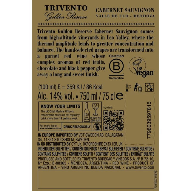 Trivento red wine Cabernet Sauvignon 75cl (British brand)