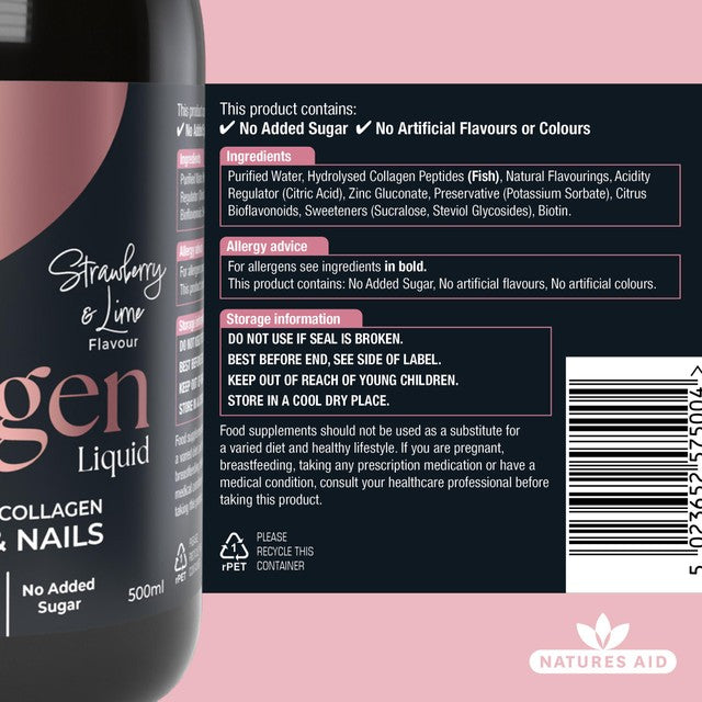 Natures Aid collagen liquid strawberry & lime 500ml, imported from the UK