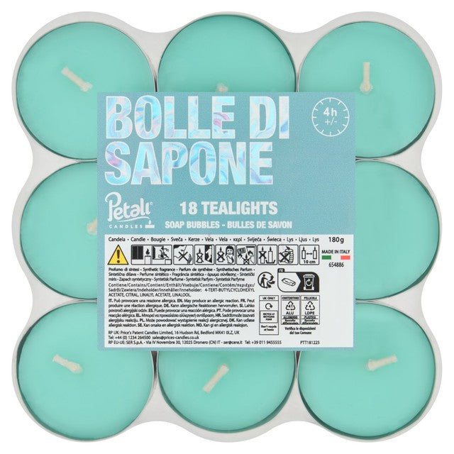 Price's Candles Petali Soap Bubbles tealights 18 pack, imported from the UK