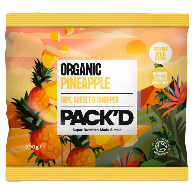 Pack'd organic chopped pineapple 300g, imported from the UK