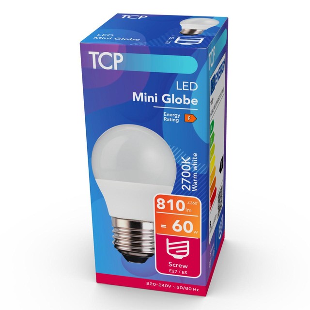 TCP miniglobus skrue E27 LED-lyspære i varmhvit (britisk merke)
