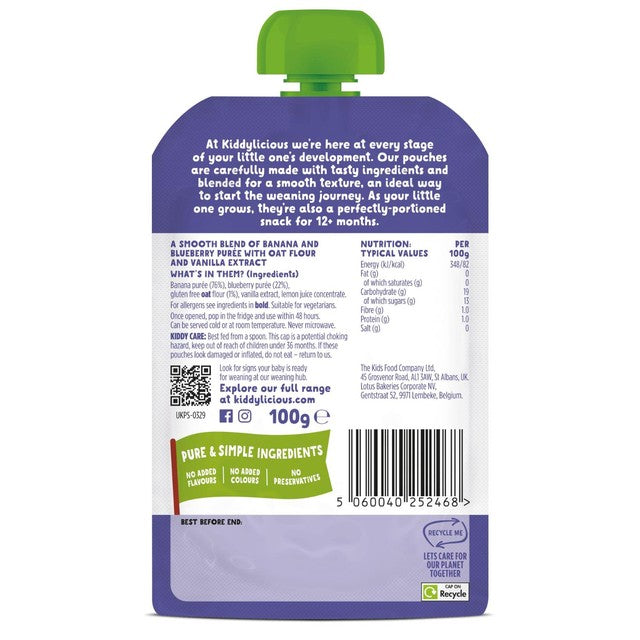 Kiddylicious blueberry banana bedtime blend pouch 100g, UK version