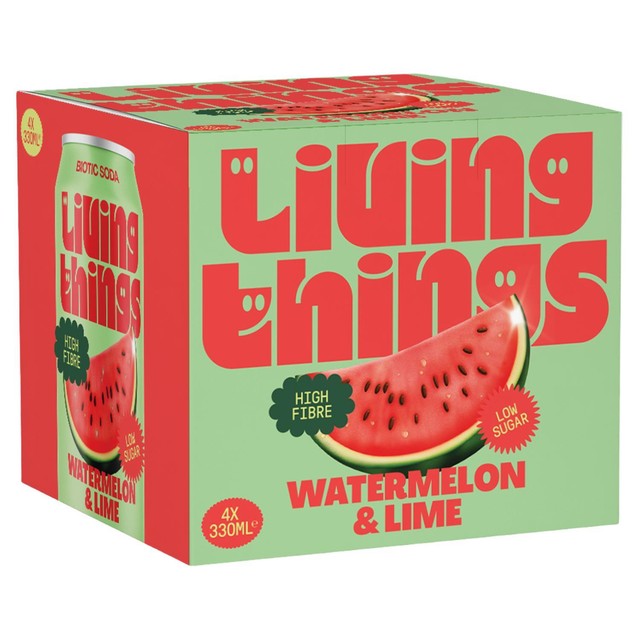 Living Things Watermelon & Lime Biotic Soda 4 x 330ml, UK version