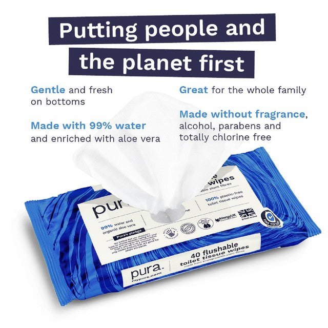 Pura flushable toilet tissue wipes multipack, imported from the UK