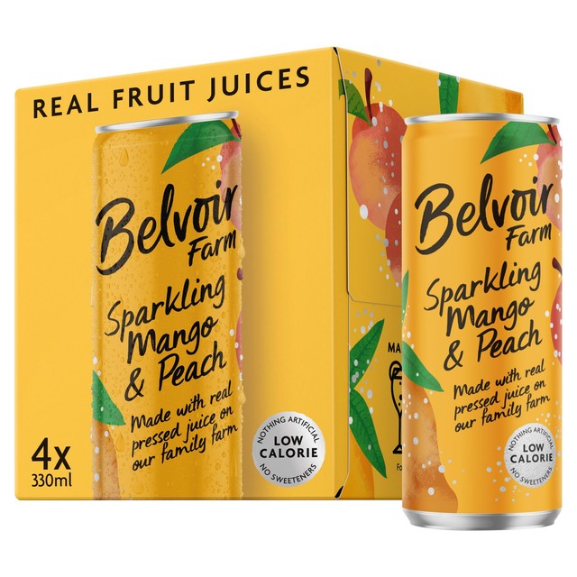 Belvoir Farm Mango Peach sparkling drink 4 x 330ml cans - British product