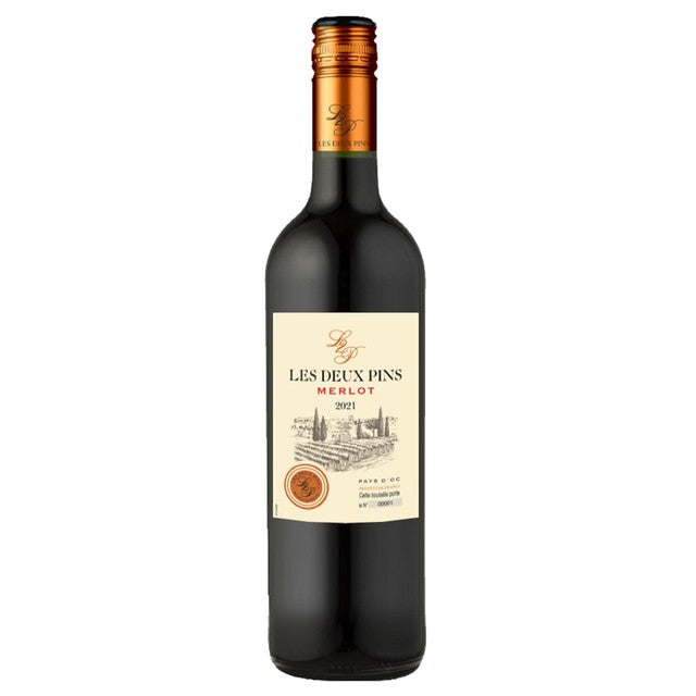 Les Deux Pins Merlot red wine 75cl bottle, UK version