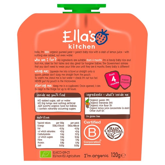 Ella's Kitchen pear and peach baby rice puree 120g - British product