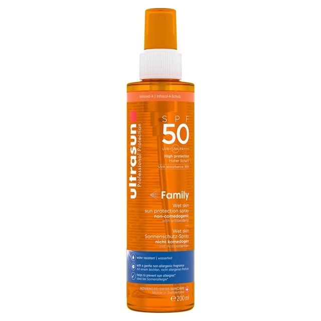 Ultrasun SPF50 wet skin spray, imported from the UK