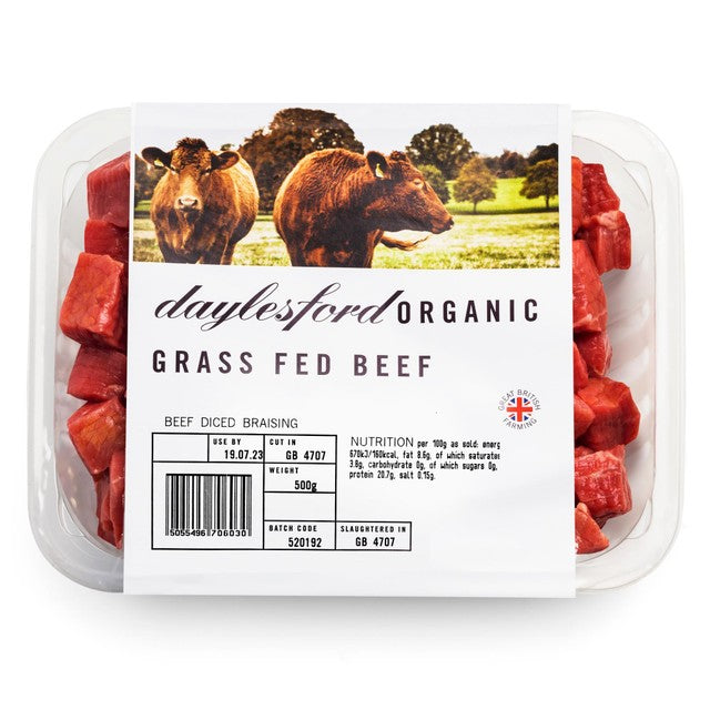 Daylesford Organic beef diced braising 500g - British product