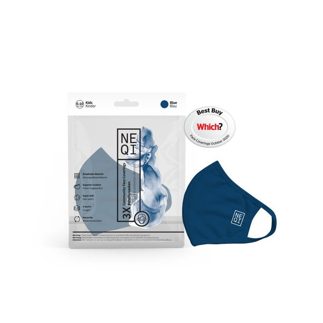 NEQI kids face coverings navy 3 pack, imported from the UK