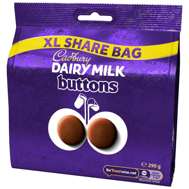 Cadbury milk chocolate buttons 290g bag, imported from the UK