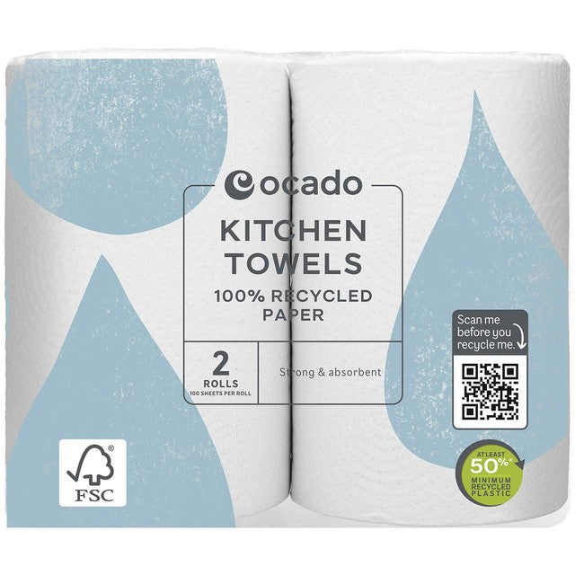 Ocado Kitchen Towels 100% Recycled Paper 2 Rolls, imported from the UK