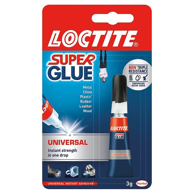 Loctite Superglue Universal liquid glue bottle, UK version.