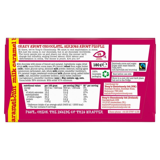 Tony's Chocolonely milk caramel biscuit chocolate bar 180g (British brand)