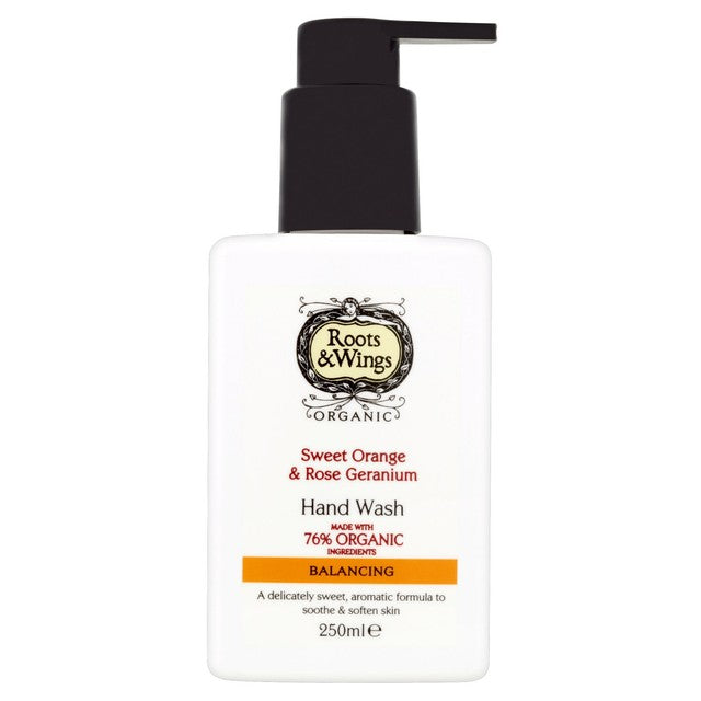 Roots & Wings sweet orange and rose geranium hand wash 250ml, imported from the UK