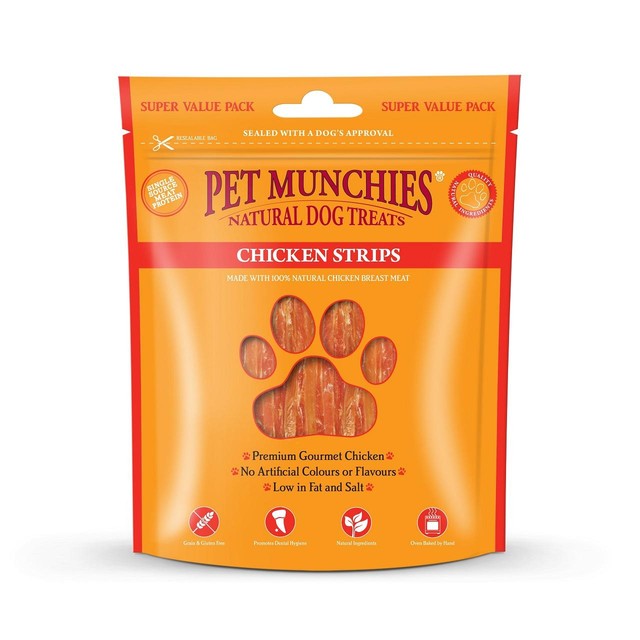 Pet Munchies chicken strips dog treats 320g, imported from the UK