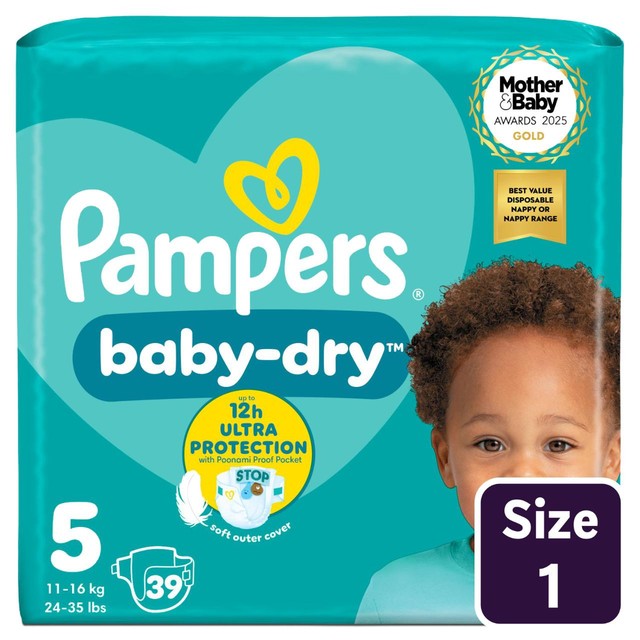 Pampers Baby-Dry nappies size 5 (11-16kg), imported from the UK