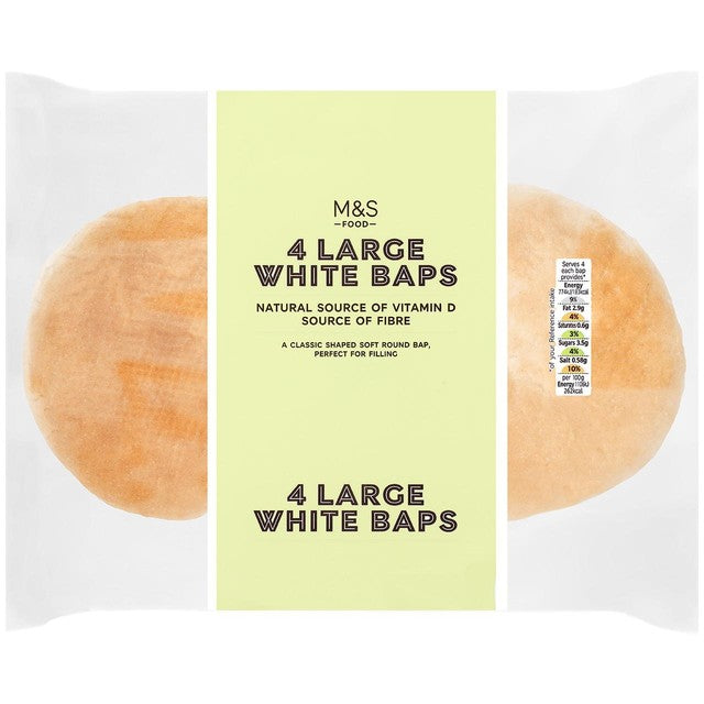 M&S large white baps 4 pack, imported from the UK