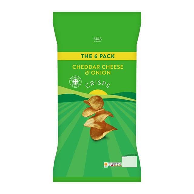 M&S Cheddar Cheese & Onion Crisps 6x25g multipack, imported from the UK