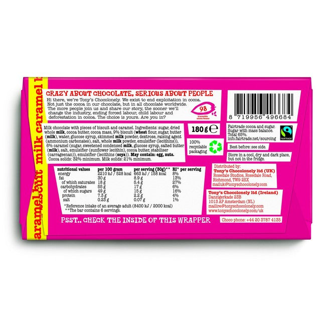 Tony's Chocolonely milk caramel biscuit chocolate bar 180g (British brand)