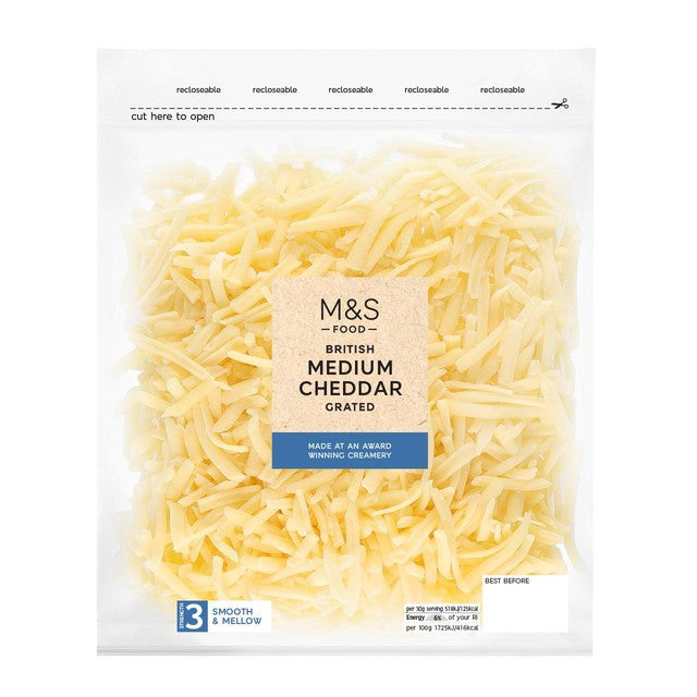 M&S medium grated cheddar cheese 250g, imported from the UK