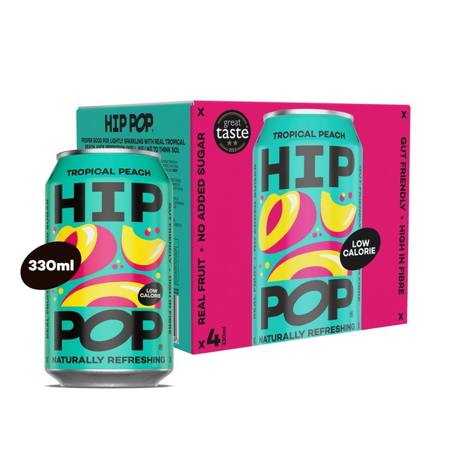 Hip Pop Tropical Peach sparkling fruit drink 4 x 330ml cans, UK version