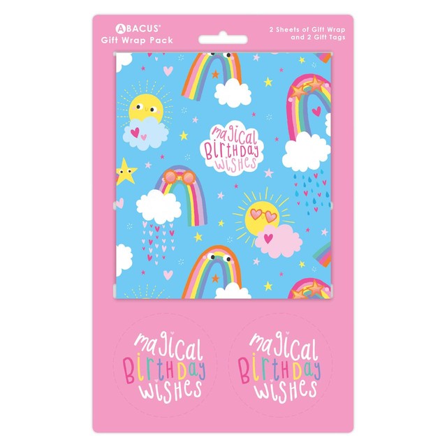 Abacus birthday rainbows gift wrap sheets and tags, imported from the UK