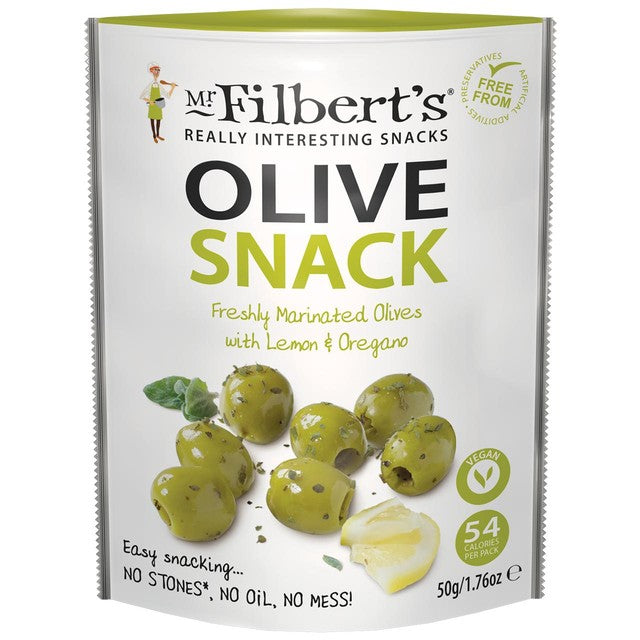 Mr Filbert's green olives with lemon and oregano 50g, imported from the UK