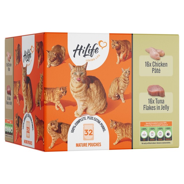 HiLife mature cat food variety pack with chicken and tuna in jelly 32 x 70g, UK version