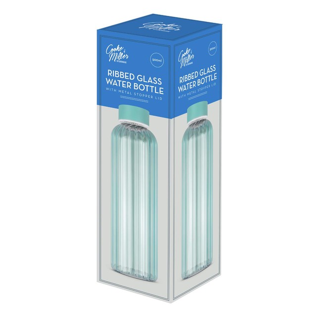 Cooke & Miller blue ribbed glass water bottle 500ml, imported from the UK