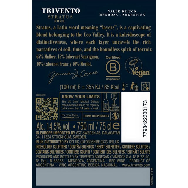 Trivento Stratus Malbec wine bottle 75cl (British brand)