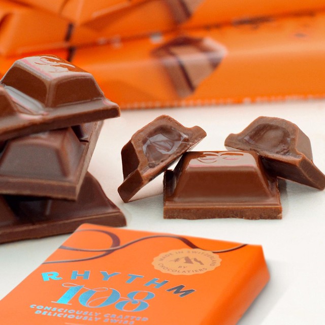 Rhythm 108 dark chocolate bar orange cream 100g, imported from the UK