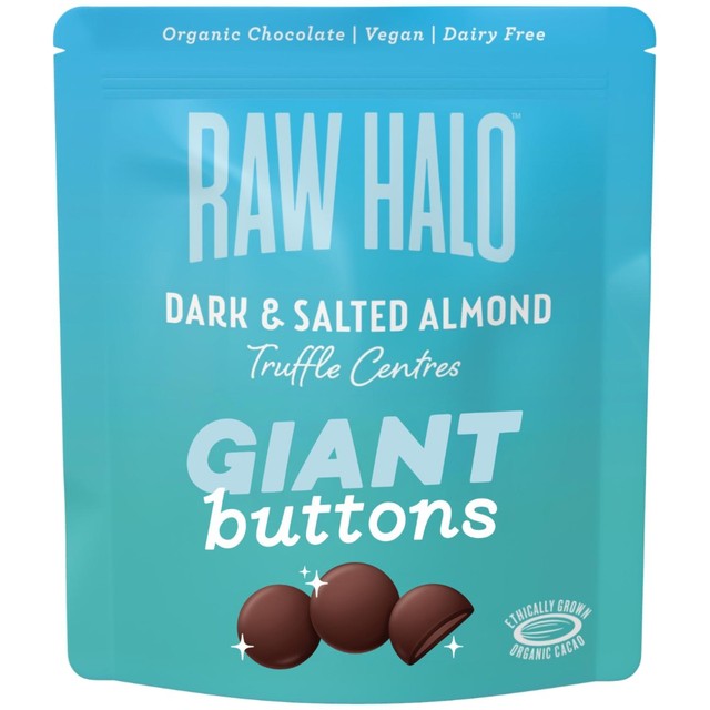 Raw Halo dark almond vegan chocolate buttons 90g, imported from the UK