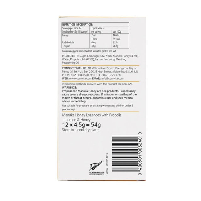 Comvita Manuka Propolis Lemon Honey Lozenges 12 pack - British product