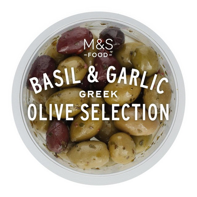 M&S basil and garlic marinated olive selection 180g, imported from the UK