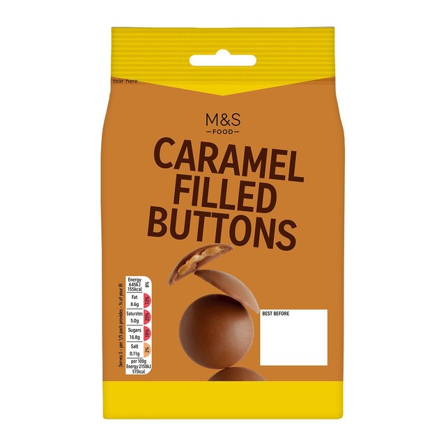 M&S Caramel Filled Buttons Milk Chocolate 150g, imported from the UK