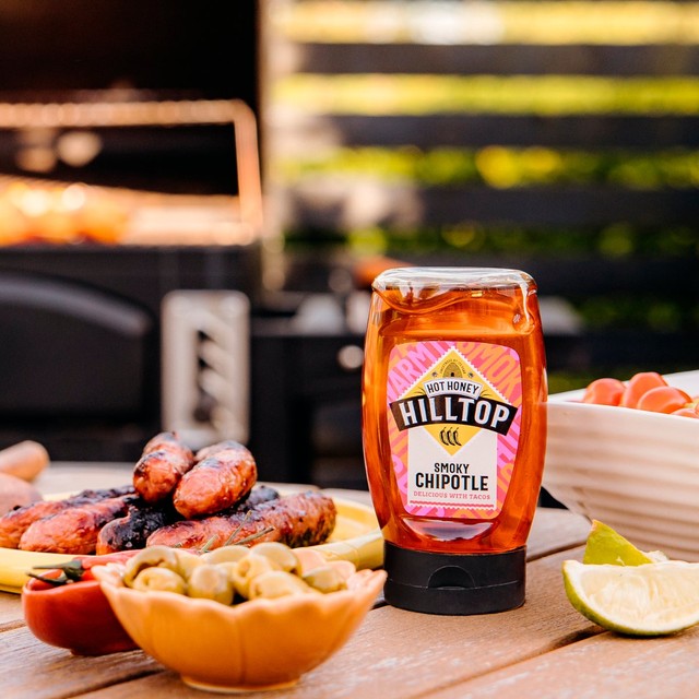 Hilltop Chipotle Hot Honey in a bottle - British product