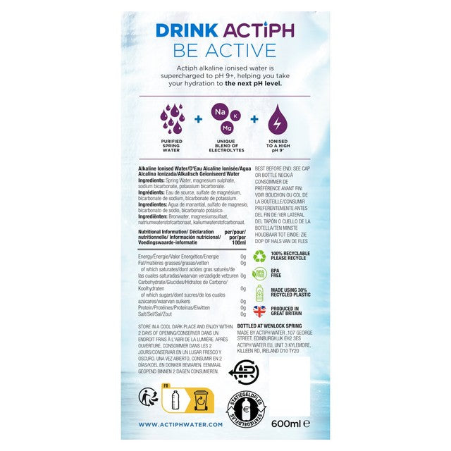 ACTIPH alkaline ionised water 6 x 600ml - British product
