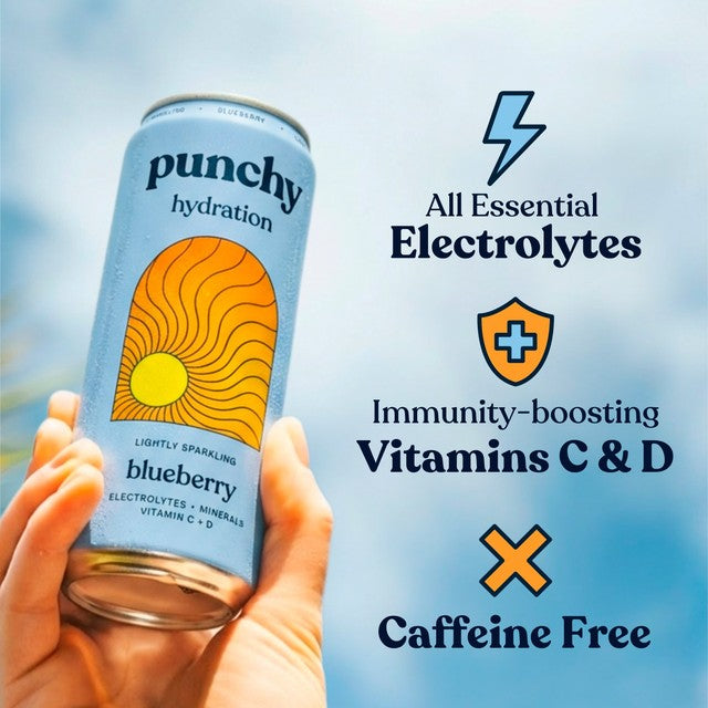 Punchy blueberry hydration sparkling drink 4 x 330ml cans, imported from the UK