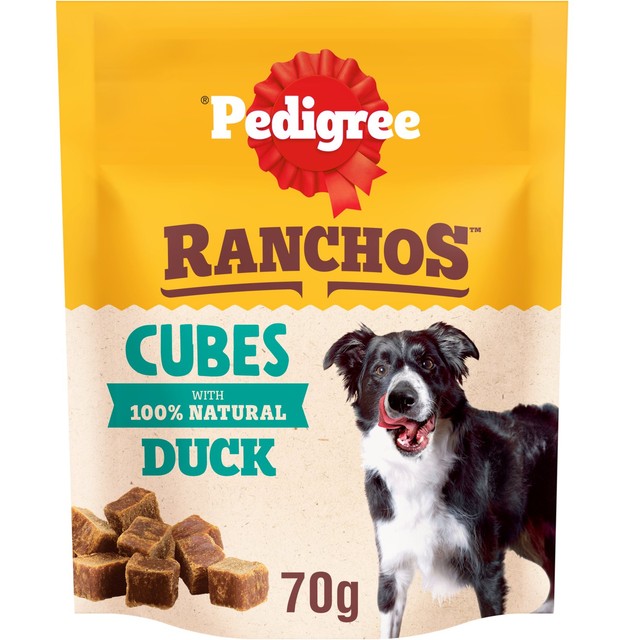 Pedigree Ranchos Duck Cubes dog treats 70g, imported from the UK
