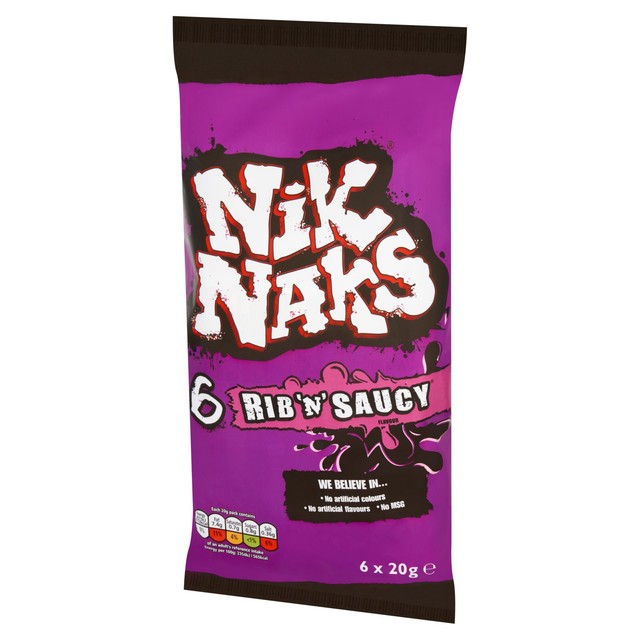 Nik Naks Rib 'N' Saucy crisps multipack, imported from the UK