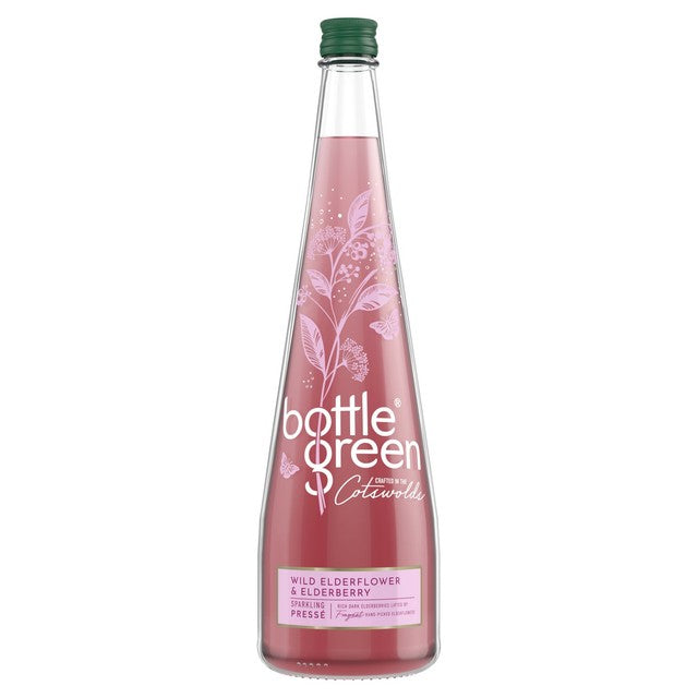 Bottlegreen sparkling elderflower and elderberry pressé bottle, imported from the UK