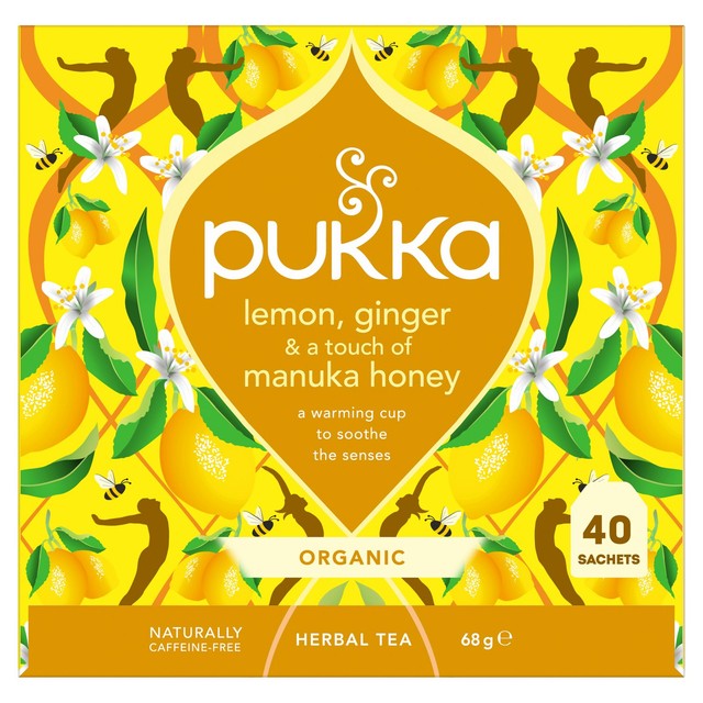 Pukka Herbs organic lemon ginger manuka honey herbal tea bags 40 pack, imported from the UK