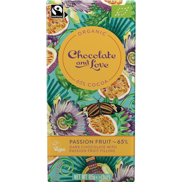 Chocolate and Love organic passion fruit dark chocolate bar 85g - British product
