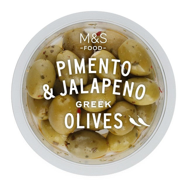 M&S olives with garlic, pimento, and jalapeno 165g, imported from the UK