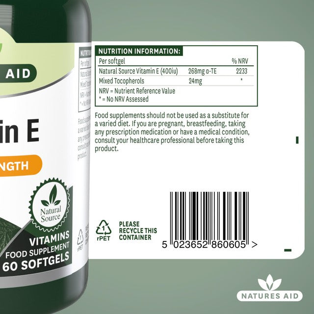 Natures Aid Vitamin E supplements 60 soft gels, imported from the UK